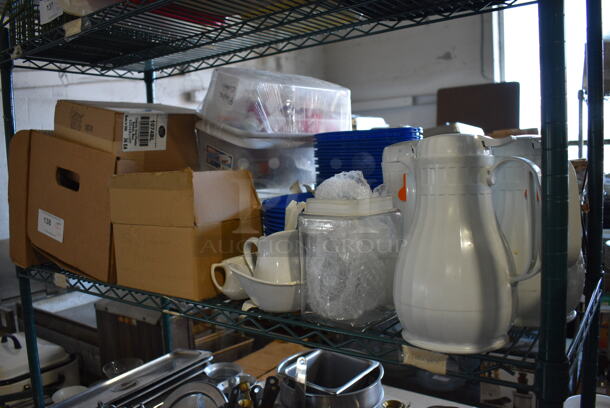 ALL ONE MONEY! Tier Lot of Various Items Including White Poly Coffee Urns, Blue Poly Food Baskets and Ceramic Dishes