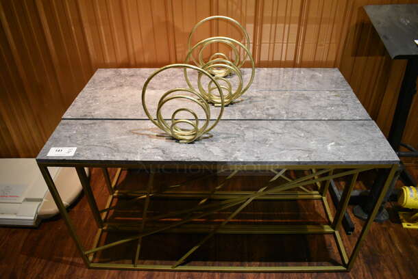 3 Gold Finish Metal Tables w/ Stone Pattern Tabletop. 52x10x29, 12x4x12. 3 Times Your Bid! (bar) - Image 1 of 5
