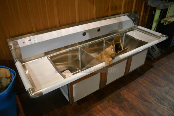 BRAND NEW SCRATCH AND DENT! Advance Tabco FE-3-1416-12RL Stainless Steel Commercial 3 Bay Sink w/ Dual Drain Boards. Comes w/ Drains and Legs! 66x22x24. Legs 24". Bays 14x16x12. Drain Boards 10x17x2 - Image 6 of 7