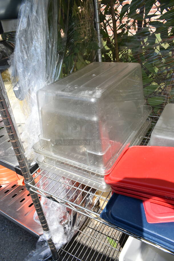 Chrome Finish 4 Tier Wire Shelving Unit w/ Contents Including Poly Bins, Poly Lids, Bus Bin. BUYER MUST DISMANTLE. PCI CANNOT DISMANTLE FOR SHIPPING. PLEASE CONSIDER FREIGHT CHARGES. - Image 9 of 12