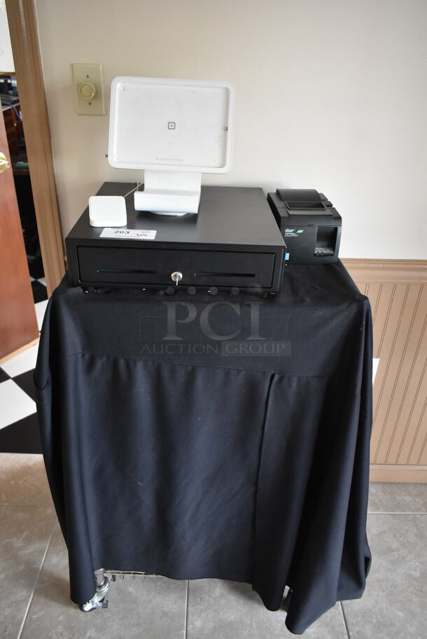 ALL ONE MONEY! Lot of 4 Tier Wire Shelving Unit w/ Square POS Monitor Stand, Receipt Printer and Metal Cash Drawer. (front hallway) - Image 1 of 8