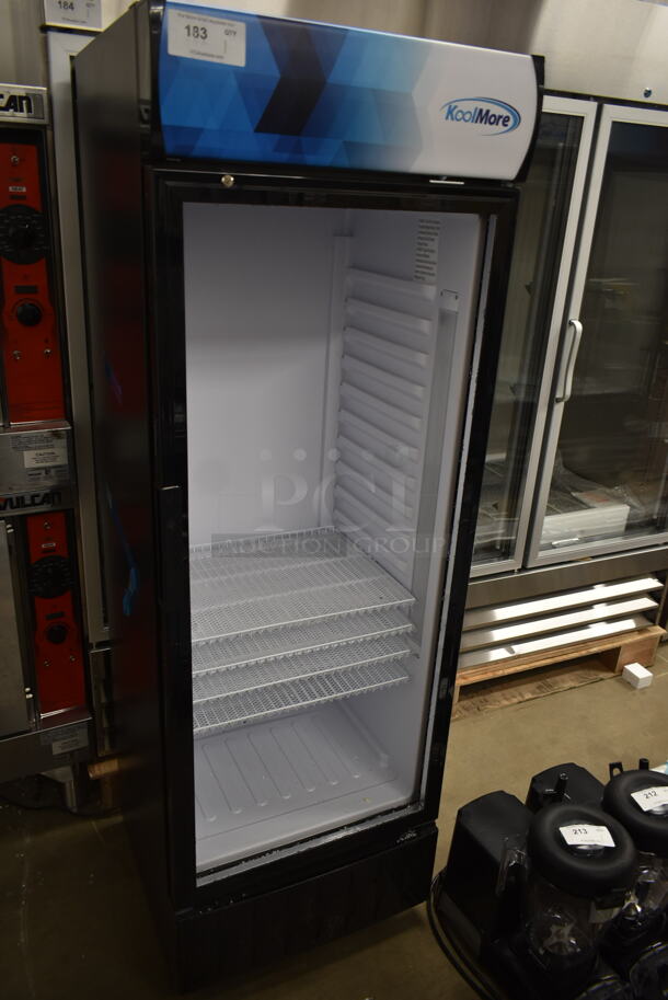 BRAND NEW SCRATCH AND DENT! KoolMore MDR-1GD-12C Metal Commercial Single Door Reach In Cooler Merchandiser w/ Poly Coated Racks. See Pictures for Glass Door Pane Damage. 115 Volts, 1 Phase. Tested and Working!