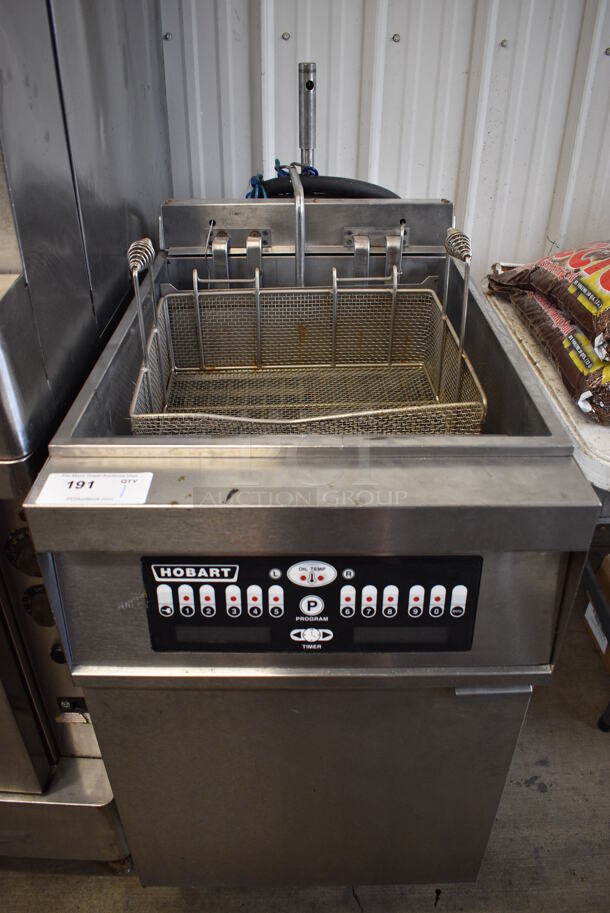 Hobart Stainless Steel Commercial Deep Fat Fryer w/ Metal Fry Basket on Commercial Casters. 208-240 Volts, 3 Phase. 21x37x48
