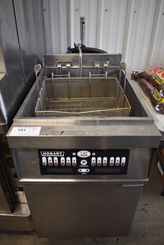Hobart Stainless Steel Commercial Deep Fat Fryer w/ Metal Fry Basket on Commercial Casters. 208-240 Volts, 3 Phase. 21x37x48