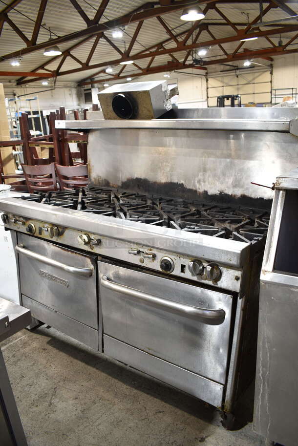 Southbend 4601DD Stainless Steel Commercial Natural Gas Powered 10 Burner Range w/ 2 Ovens, Over Shelf and Back Splash on Commercial Casters.  - Image 1 of 9