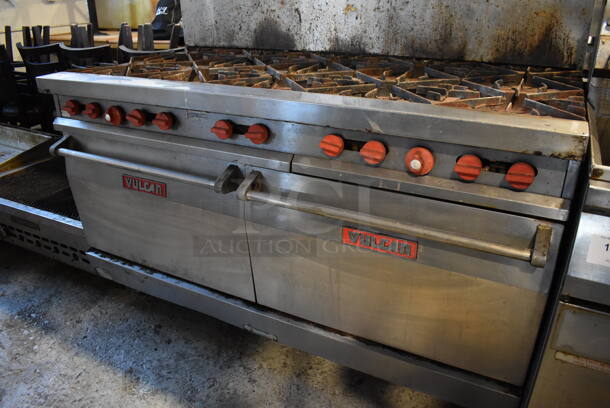 Vulcan Stainless Steel Commercial Natural Gas Powered 10 Burner Range w/ 2 Ovens, Over Shelf and Back Splash. 60x32x60 - Image 4 of 6