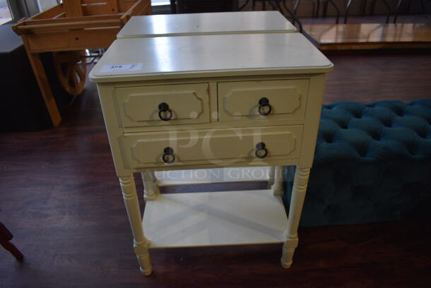 2 White Wooden End Tables w/ 3 Drawers and Under Shelf. 24x13x32. 2 Times Your Bid! (lounge)