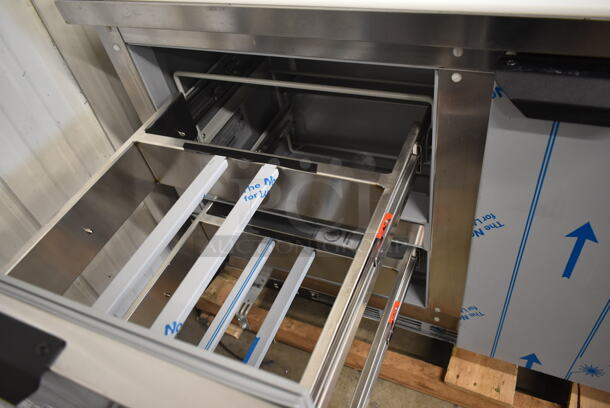 BRAND NEW SCRATCH AND DENT! Beverage Air SPED72HC-10-2 Stainless Steel Commercial Sandwich Salad Prep Table Bain Marie Mega Top w/ Poly Drop In Bins and Commercial Casters. 115 Volts, 1 Phase. Tested and Powers On But Does Not Get Cold - Image 5 of 11