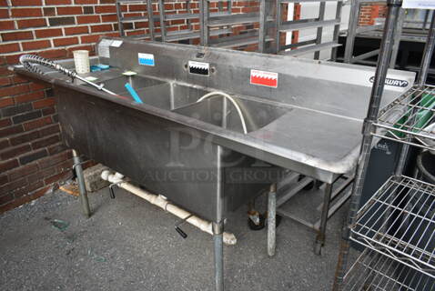 Duke Stainless Steel Commercial 3 Bay Sink w/ Dual Drain Boards, Faucet, Handles and Spray Nozzle Attachment. Bays 16x21. Drain Boards 16x23