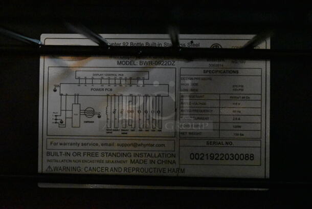 BRAND NEW SCRATCH AND DENT! Whynter BWR-0922DZ  92 Bottle Built-in Stainless Steel Dual Zone Compressor Wine Refrigerator. 115 Volts, 1 Phase. Tested and Working! - Image 8 of 9