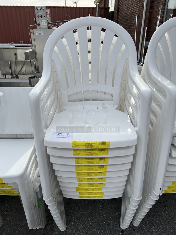 10 BRAND NEW SCRATCH AND DENT! Grosfillex 49092004 / US092004 Pacific White Fanback Stacking Resin Armchair. 23x21x35.5. 10 Times Your Bid!