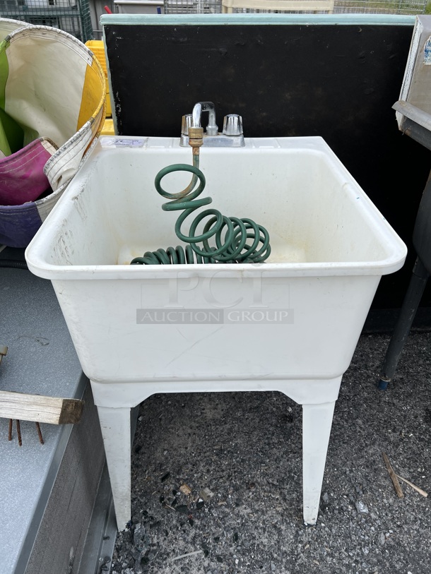 White Poly Single Bay Sink w/ Faucet, Handles, Hose. 23x25.5x36 - Image 1 of 4