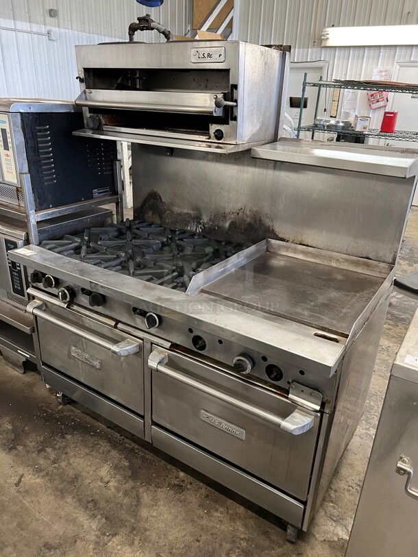 US Range Stainless Steel Commercial Natural Gas Powered 6 Burner Range w/ Flat Top, Cheese Melter and 2 Ovens on Commercial Casters. 59x36x70