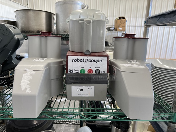 Robot Coupe Model R 2 Dice Ultra Countertop Commercial Food Processor w/ S Blade, Bowl, Lid and 2 Continuous Feed Heads. 120 Volts, 1 Phase. 8x12x17. Tested and Working!