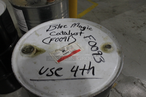 ALL ONE MONEY! Lot of 5 Metal Barrels; WD Zinc, Blue Magic Catalyst, MC Catalyst. BUYER MUST REMOVE. - Image 3 of 12