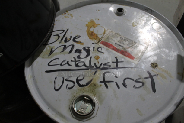 ALL ONE MONEY! Lot of 5 Metal Barrels; WD Zinc, Blue Magic Catalyst, MC Catalyst. BUYER MUST REMOVE. - Image 12 of 12