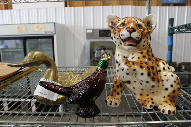 3 Various Figures; Gold Finish Duck, Quail and Leopard. Includes 2.5x8x6. 3 Times Your Bid!