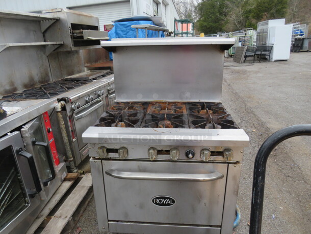 One Royal  Natural Gas 6 Burner Range With A Stainless Steel Over Shelf. 36X32X56