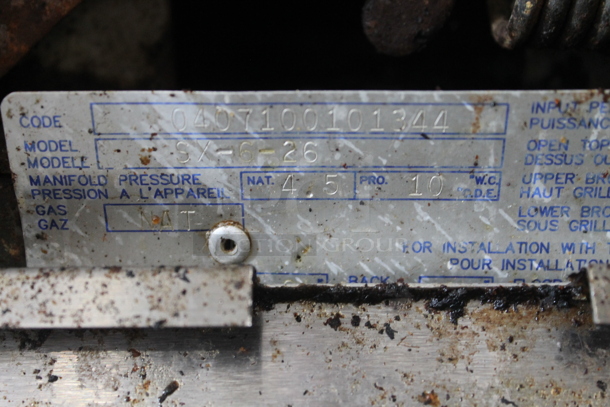 Garland SunFire SX-6-26 Stainless Steel Commercial Natural Gas Powered 6 Burner Range w/ Oven, Over Shelf and Back Splash.  - Image 8 of 9