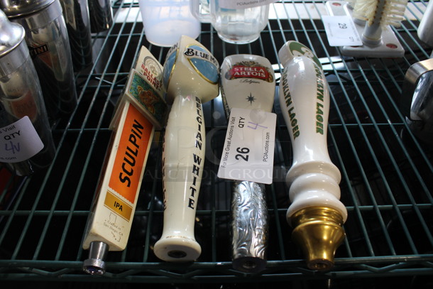 4 Beer Tower Handles; Ballast Point Sculpin, Blue Moon Belgian White, Stella Artois and Brooklyn Lager. Includes 11.5