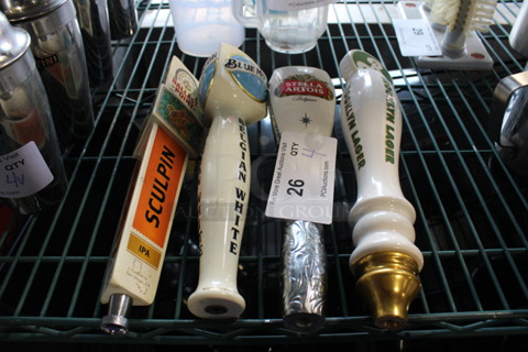 4 Beer Tower Handles; Ballast Point Sculpin, Blue Moon Belgian White, Stella Artois and Brooklyn Lager. Includes 11.5". 4 Times Your Bid!