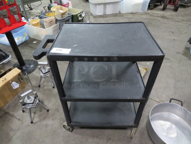 One Luxor 3 Shelf Cart On Casters. Handle Broken. See Pic. 27X18X32.5