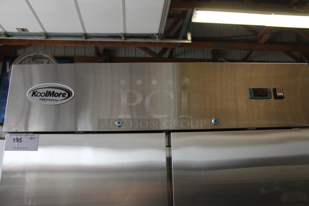BRAND NEW SCRATCH AND DENT! 2022 KoolMore RIR-2D-SS35C Stainless Steel Commercial 2 Door Reach In Cooler w/ Poly Coated Racks on Commercial Casters. 115 Volts, 1 Phase. Tested and Working! - Image 5 of 9