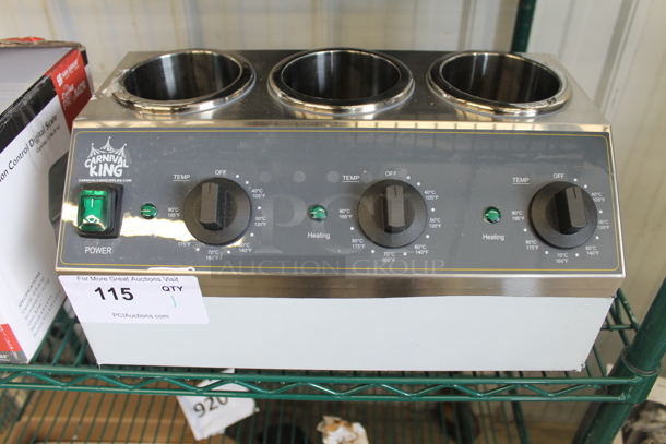 BRAND NEW SCRATCH AND DENT! Carnival King 382SBW3 Stainless Steel Commercial Countertop Triple 32 oz. Sauce / Topping Bottle Warmer. 120 Volts, 1 Phase. Tested and Working! - Image 1 of 5