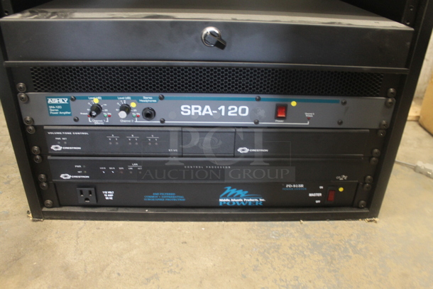 6 Electronic Rack Units in Black Metal Cabinet; Middleby Atlantic Power Center, Crestron Control Processor, Crestron Volume Tone Control, Ashly SRA-120 Power Amplifier, Extron AAP 301 Interface Extron Media Presentation Switcher. 6 Times Your Bid!   - Image 7 of 12
