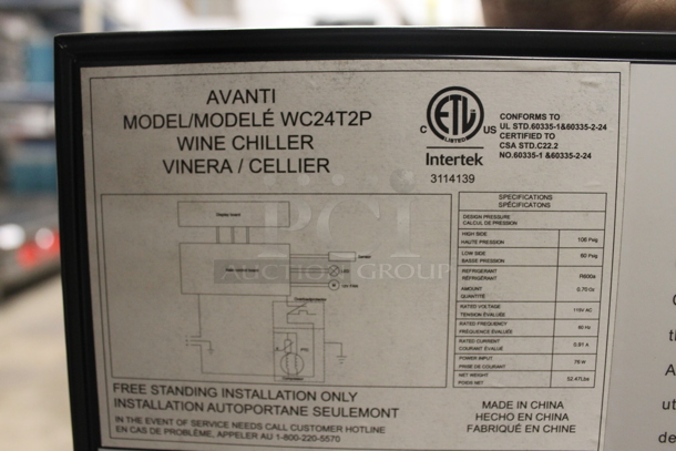 BRAND NEW SCRATCH AND DENT! Avanti WC24T2P Commercial Stainless Steel Freestanding Glass Door Wine Chiller With Polycoated Shelves And Black Cabinet On Commercial Casters. 115V. Tested And Working!  - Image 4 of 8