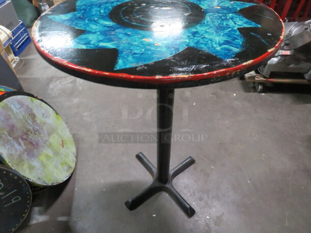 One 30X30X342 Abstract Round Painted  Table Top On A Bar Height Pedestal Base.  - Image 2 of 2