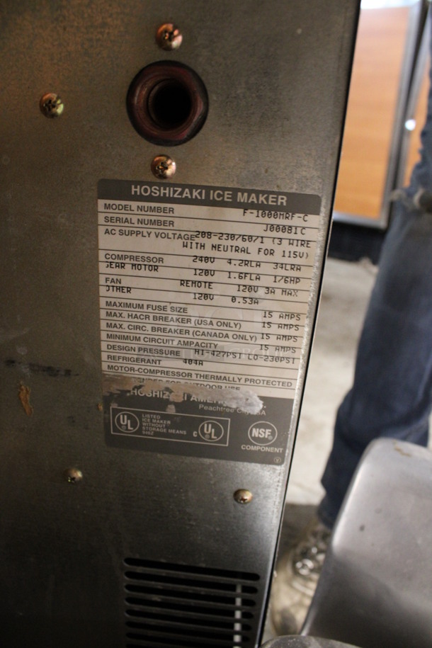 BRAND NEW Hoshizaki Model F-1000MRF-C Stainless Steel Commercial Ice Machine Head w/ Remote Compressor. 208-230 Volts, 1 Phase. 22x28x25, 22x16x18 - Image 7 of 7