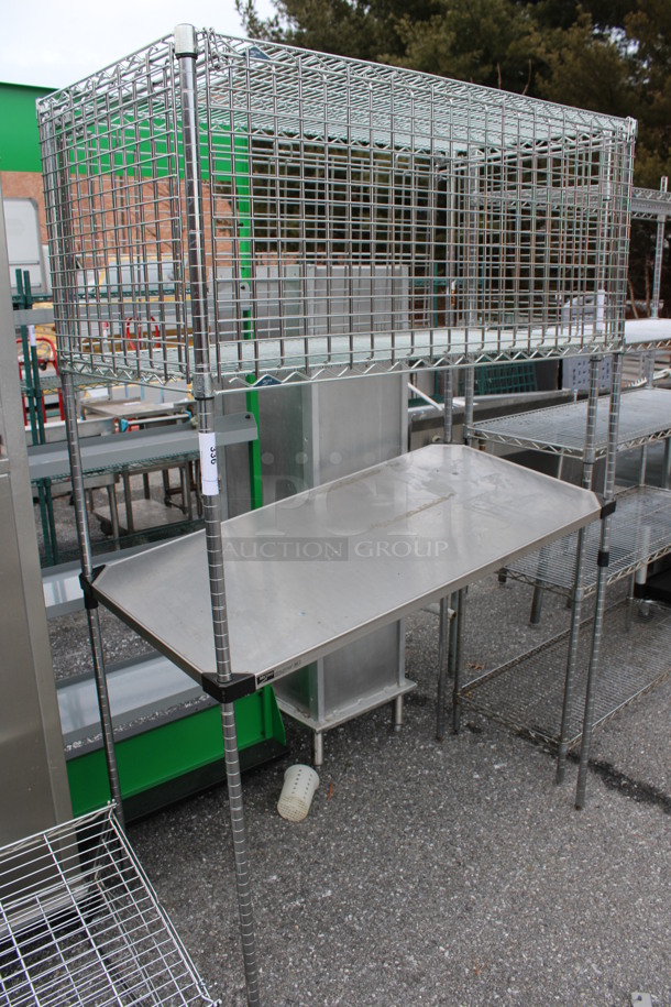 Chrome Finish 3 Tier Shelving Unit w/ Partial Liquor Cabinet. BUYER MUST DISMANTLE. PCI CANNOT DISMANTLE FOR SHIPPING. PLEASE CONSIDER FREIGHT CHARGES. 48x25x75 - Image 1 of 3