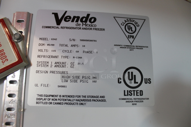 Vendo G342 Metal Commercial 2 Door Reach In Cooler Merchandiser w/ Poly Coated Racks. 115 Volts, 1 Phase. Tested and Powers On But Does Not Get Cold - Image 5 of 8