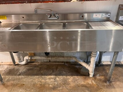3-Bay Under Bar Dish Sink. NO Faucet 
5'x19"x30.5"
**LABOR FOR REMOVAL ADDITIONAL FEE, CONTACT MISSOURI DIVISION FOR LABOR QUOTE OR ADDITIONAL QUESTIONS.