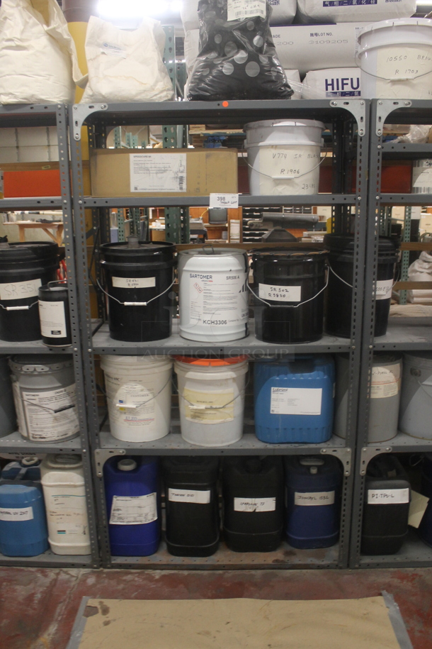 Gray Metal 5 Tier Shelving Unit w/ Contents Including Thorcoflame, Speedcure 87, Sartomer SR506 A and SR 502. BUYER MUST REMOVE. - Image 1 of 12