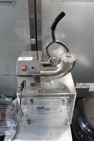 BRAND NEW SCRATCH AND DENT! Carnival King 382SCM250 Stainless Steel Commercial Ice Shaver on Poly Bin. 120 Volts, 1 Phase. Tested and Working!