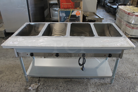 BRAND NEW SCRATCH AND DENT! KoolMore KM-OWS Stainless Steel Commercial Floor Style Electric Powered 4 Bay Steam Table w/ Under Shelf. 120 Volts, 1 Phase. Cannot Test Due To Plug Style