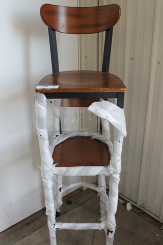 2 BRAND NEW! Wood Pattern Bar Height Chairs on Black Metal Frame. 2 Times Your Bid!