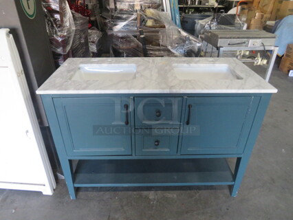 One Wooden Farmhouse Double Sink Vanity With 2 Doors, 2 Drawers And Under Shelf. 49X22X35