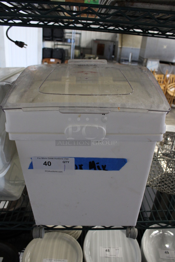 White Poly Ingredient Bin w/ Clear Lid on Casters. 14x20x19