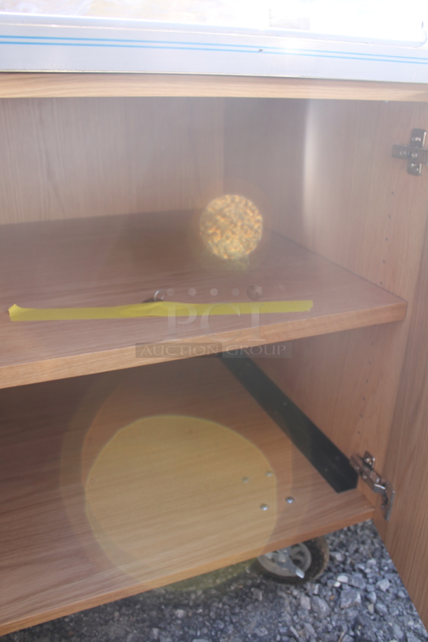 BRAND NEW! ACS FAB LLC Stainless Steel Counter w/ 4 Wood Pattern Doors on Commercial Casters. - Image 5 of 5