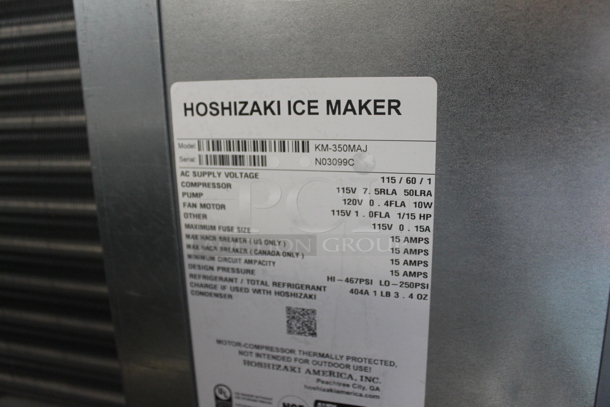 BRAND NEW SCRATCH AND DENT! 2023 Hoshizaki KM-350MAJ Commercial Stainless Steel Ice Maker. 115V, 1 Phase.  - Image 7 of 7