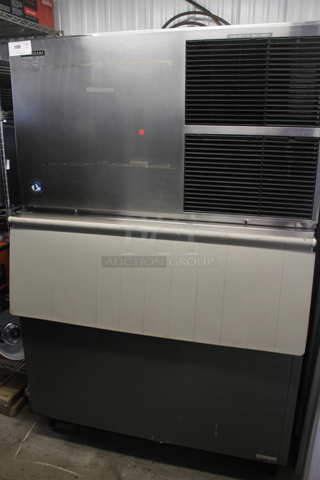 Hoshizaki KM-1300SAF Stainless Steel Commercial Ice Head on Commercial Ice Bin.