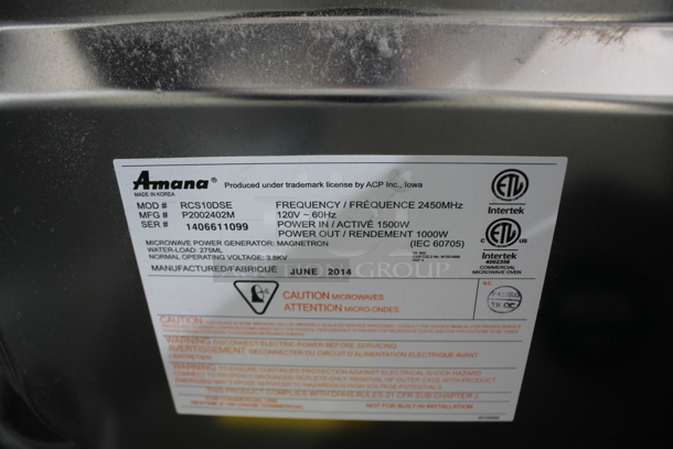 2014 Amana RCS10DSE Stainless Steel Commercial Countertop Microwave Oven. 120 Volts, 1 Phase.  - Image 4 of 4