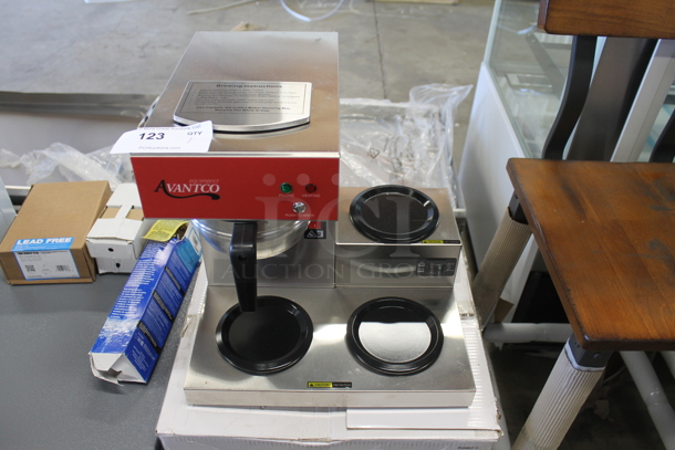 BRAND NEW SCRATCH AND DENT! Avantco RUG300P6 Stainless Steel Commercial Countertop 3 Burner Coffee Machine w/ Metal Brew Basket.  - Image 1 of 6