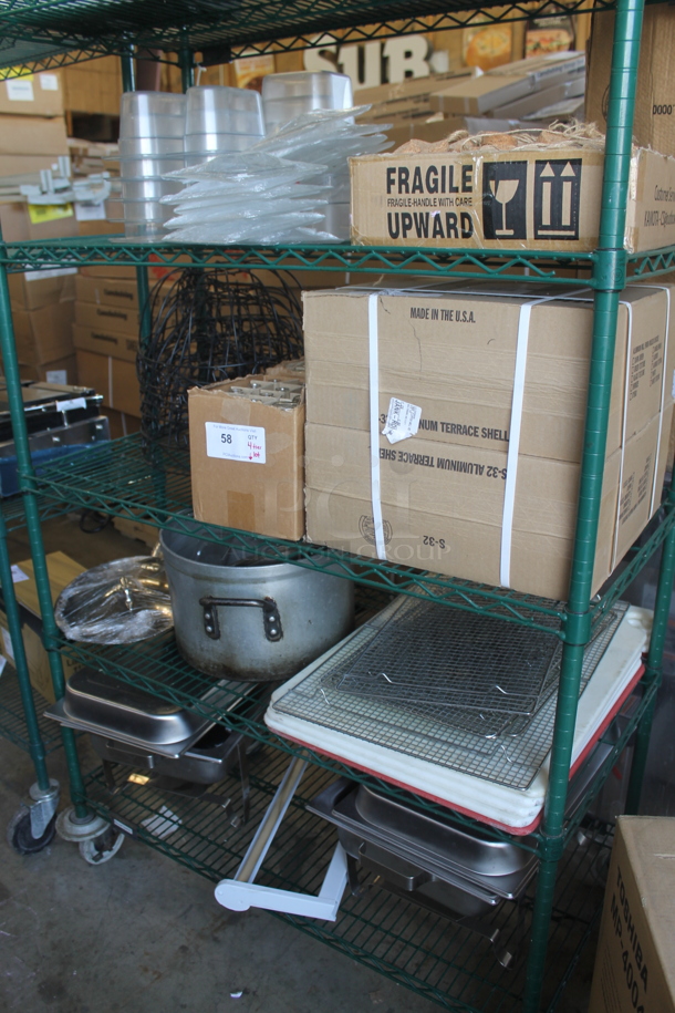 ALL ONE MONEY! Lot of Plastic Drop In Bins/Lids, Boxes Of Aluminum Terrace Shells, Glassware, Stock Pot, Steel Lids, Cooling Racks, Stainless Steel Chafers With Folding Frames, Rounded Cork Lids, Iron Planter Baskets, Large Steel Pot, Umbrella Stand AND MORE! 