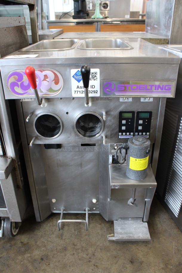 	Stoelting Stainless Steel Commercial Countertop Air Cooled 2 Flavor Soft Serve Ice Cream Machine w/ Milkshake Mixer. Appears To Be Model SF144-38I. 208-230 Volts, 1 Phase. 22x32x33