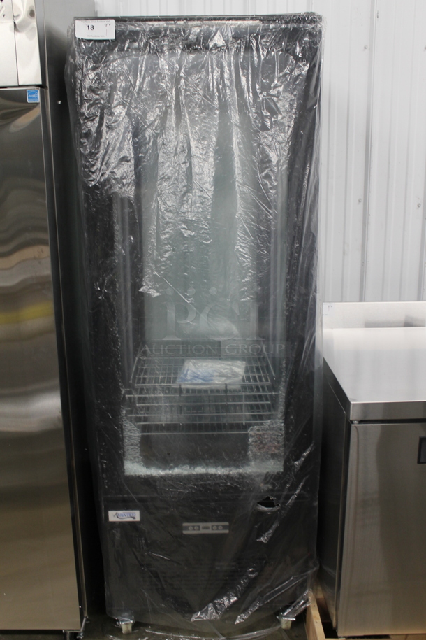 BRAND NEW SCRATCH AND DENT! Avantco 193GD4C15HCB Metal Commercial Single Door Reach In Cooler Merchandiser. 110-120 Volts, 1 Phase. Tested and Powers On But Does Not Get Cold  - Image 1 of 6