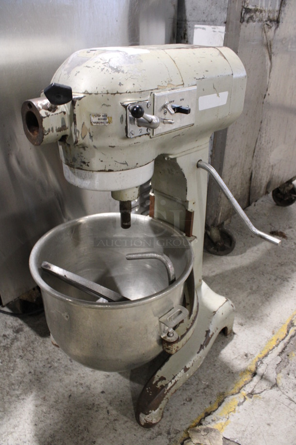 Hobart Model A200 Metal Commercial Countertop 20 Quart Planetary Dough Mixer w/ Stainless Steel Mixing Bowl, Paddle and Dough Hook Attachments. 115 Volts, 1 Phase. 16x23x30. Cannot Test - Bowl Does Not Lift